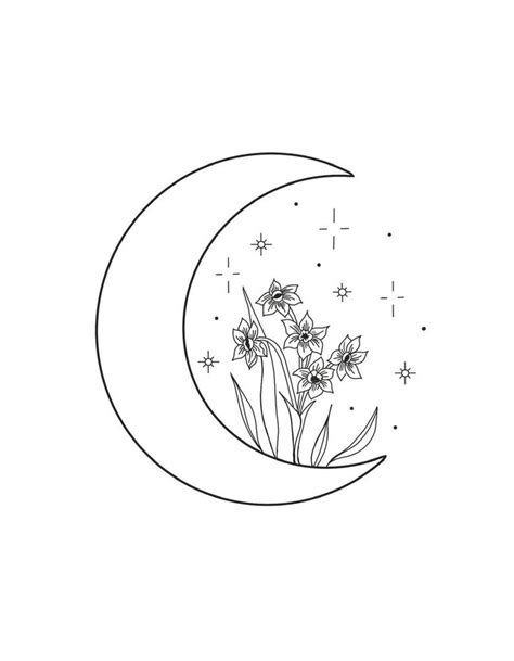 Floral Moon Illustration Pdf Digital Download Embroidery Etsy Tattoo Design Drawings Moon