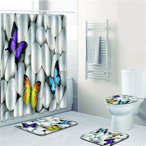 4pcs Butterflies Printed Bathroom Curtain Rug Toilet Cover Bath Mat Set