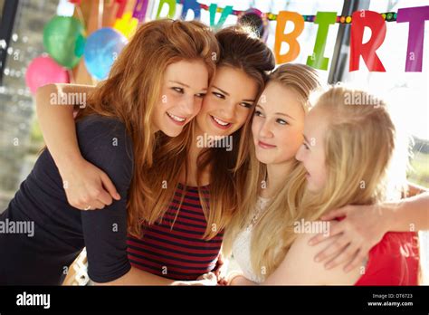 Four Teenage Girls Celebrating At Birthday Party Stock Photo Alamy