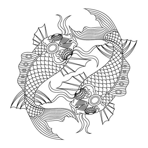 Koi Fish Mandala Zentangle Style Linéaire Vecteur Premium