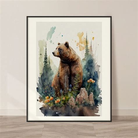 Brown Bear Watercolor Art Print Brown Bear And Nature Painting Etsy