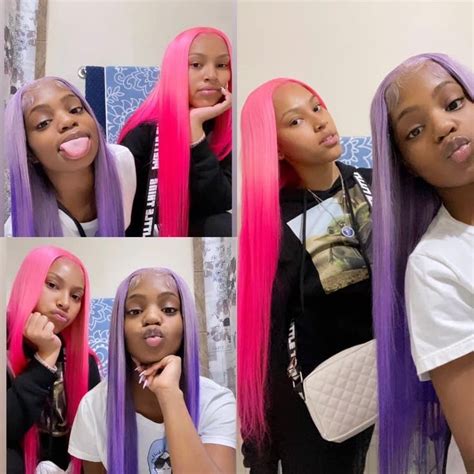 Four Different Pictures Of Two Women With Pink And Purple Hair