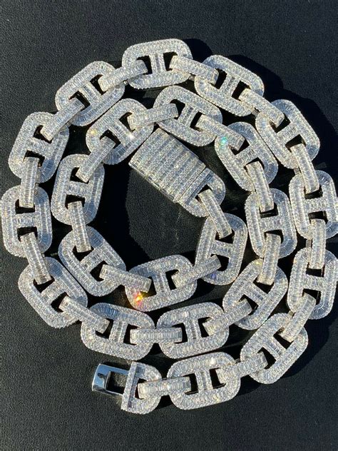 Pre Owned Silver Solid 925 Sterling Baguette Gucci Link Chain Iced 15mm