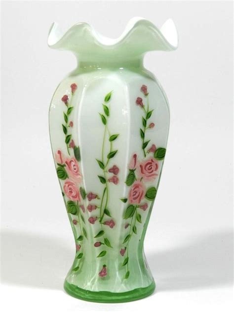 Vintage Fenton Art Glass Vase Hand Painted Roses Green Pink Ebay Fenton Glassware Vintage
