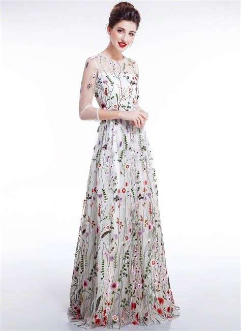 2018 White Prom Dresstulle Colorful Floral Embroidery Whimsical Maxi Evening Dress With Sheer 3