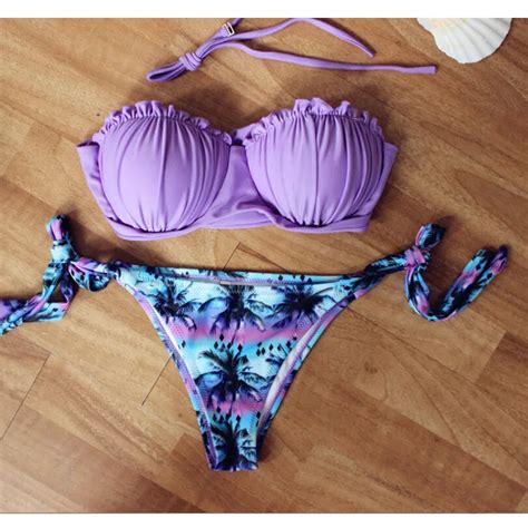 Push Up Bikini Set Super Sexy Euro Swimsuit Women Solid Color Purple Floral Printed Swimsuits