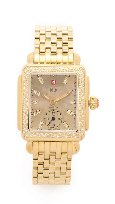 Michele Leather Deco 16 Diamond Mother Of Pearl And 18k Goldplated