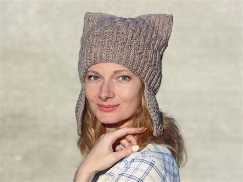 Hand Knit Pussyhat Wool Pussy Hat Ear Flaps Pussy Hat Pussycat Etsy