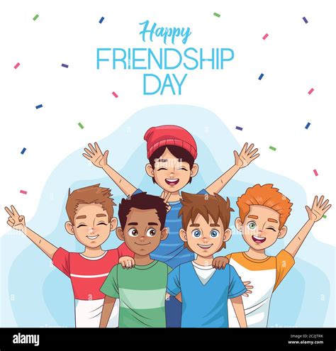 Happy Friendship Day Celebration With Group Of Kids And Confetti Vector