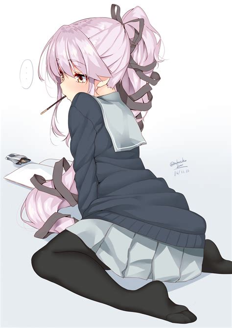Wallpaper Drawing Illustration Long Hair Anime Girls Sitting Stockings Cartoon Kantai