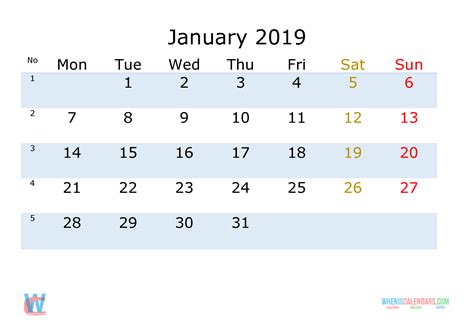 2019 Printable Calendar With Week Numbers Monday Starts
