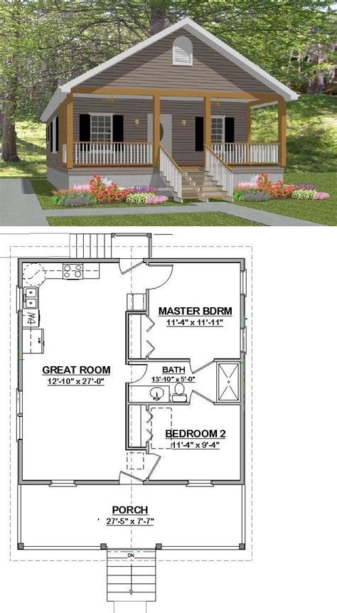 The Small Cabin House Plan Is Shown In Two Different Views And Has An Open Floor Plan