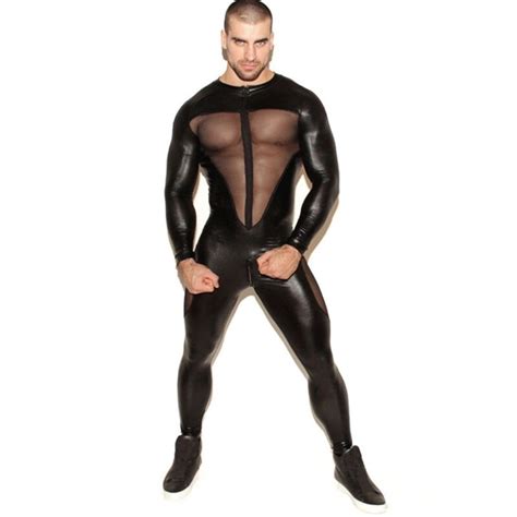 Mens One Pieces Latex Catsuit Bodysuit Night Clubwear Black Stretch