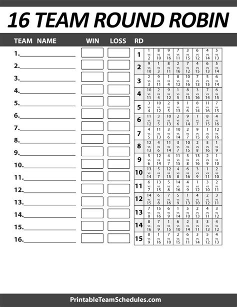 Round Robin Tournament 16 Team Bracket Print Here