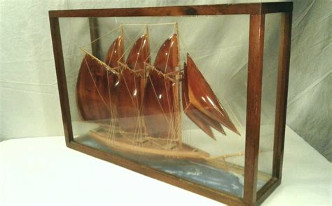 Large Wooden Schooner Ship Model With Rigging Mounted Glass Case