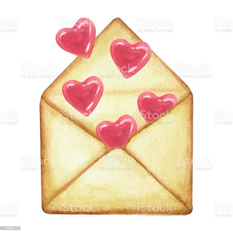 Beautiful Open Envelope With Pink Red Hearts Watercolor Illustration