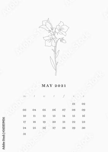 05 Of 13 May Month Flowers Line Art Calendar 2021 Year Floral