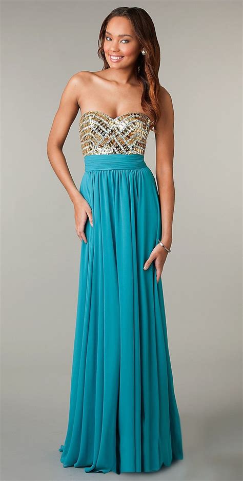 Jeweled Bodice Long Teal Prom Dress Chiffon Strapless Sweetheart Teal