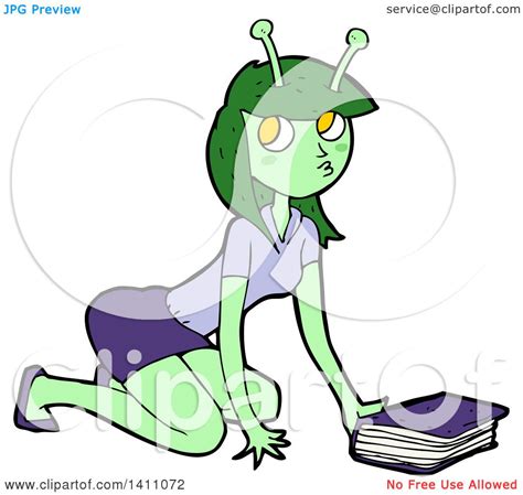 Clipart Of A Cartoon Female Alien Kneeling By A Book