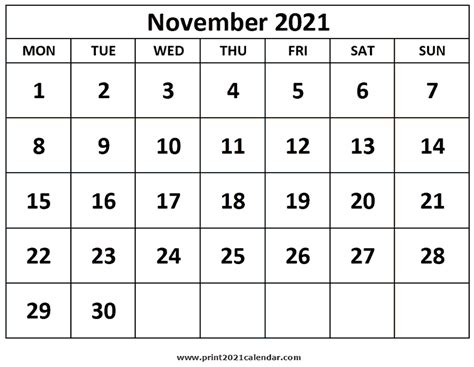Printable November 2021 Calendar
