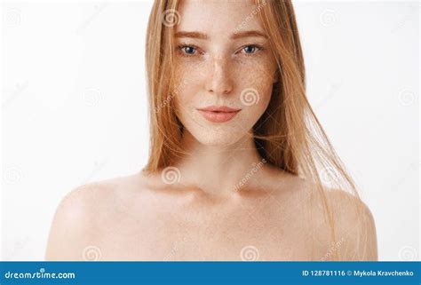 Close Up Shot Of Attractive Feminine Naked Redhead Woman With Freckles