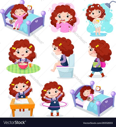Look at the pictures and the numbers on them and write their names in the crossword puzzle. Daily routine activities for kids with cute girl Vector Image