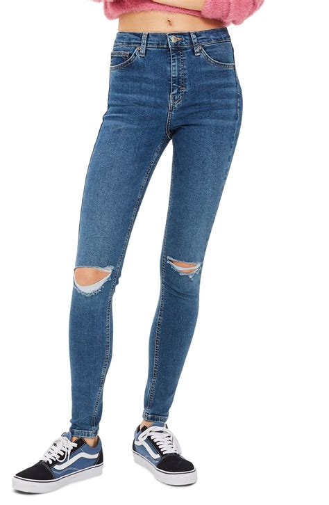 Topshop Denim Jamie High Waist Ripped Skinny Jeans In Mid Denim Blue