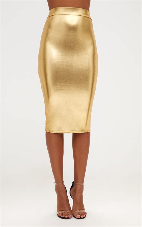 Gold Metallic Midi Skirt Skirts Prettylittlething