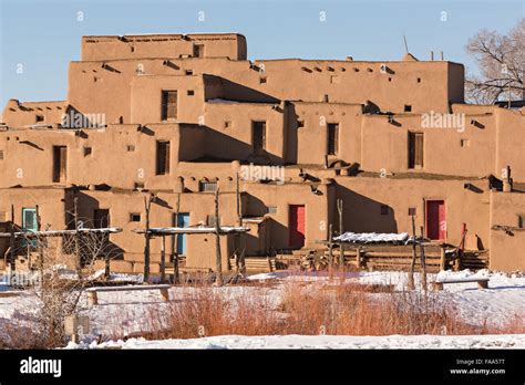 Ancient Adobe Homes In The Ancient Native American Taos Pueblo Stock