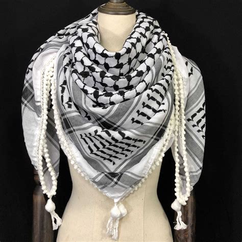 keffiyeh palestine shemagh scarf arab black on white heavy etsy tassel fringe beaded