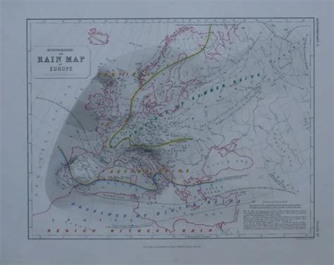 1850 Hand Coloured Rain Map Of Europe Summer Rains Spain British Isles