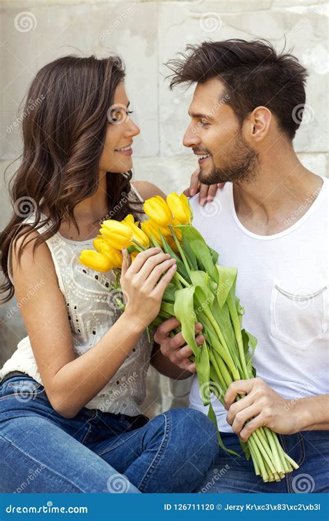 Loving Couple Man Giving Flowers Her Girlfriend Stock Photo Image Of