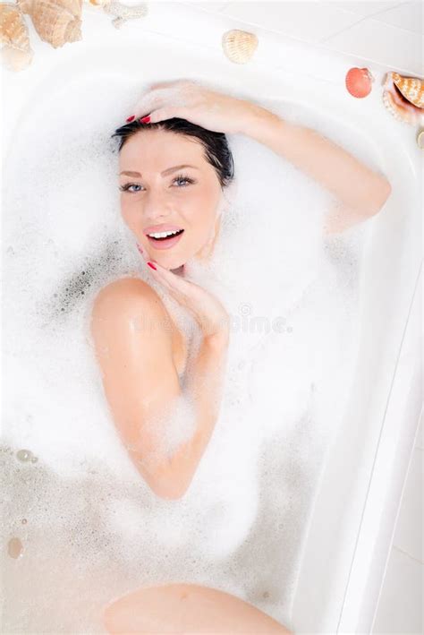 Beautiful Sexual Attractive Young Woman Sensual Girl Lying Relaxing Enjoying Spa Bath Foam Happy