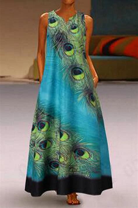 Peacock Feather Print V Neck Sleeveless Dress Womens A Line Dresses