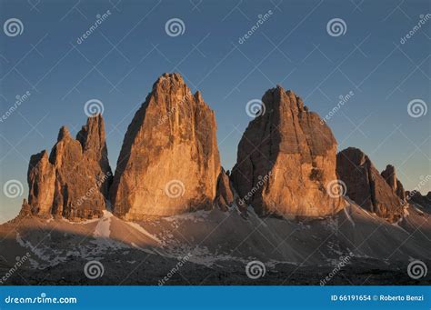 Sunset On The Three Peaks Of The Lavaredo Dolomite Stock Photo Image