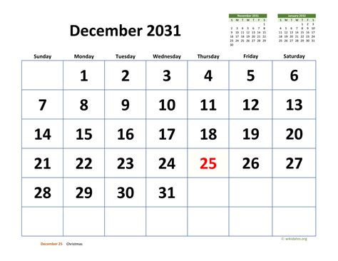 December 2031 Calendar With Extra Large Dates