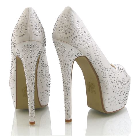 ladies high heel satin diamante womens platform bridal prom party sparkly shoes ebay