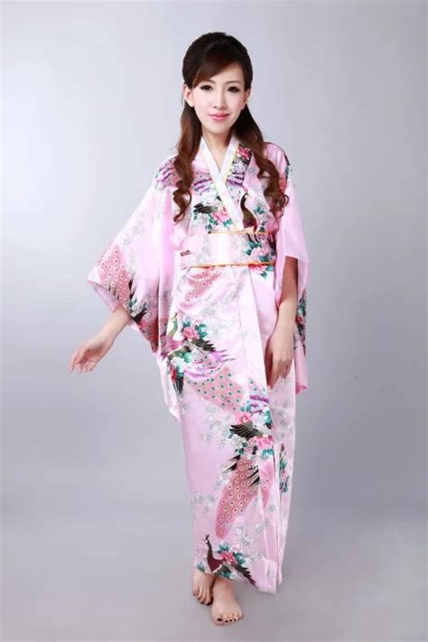 Pink Japanese Women S Silk Satin Kimono Yukata Evening Dress Haori Kimono With Obi Peafowl One