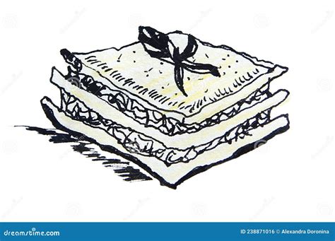 Lasagna Ink Drawing On A White Background Stock Illustration