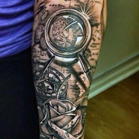 Magnifying Glass World Map Tattoo With Rose For Men Forearm Sleeve