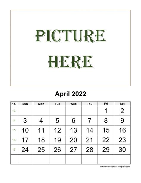 April Printable 2022 Calendar Space For Add Picture Vertical Free