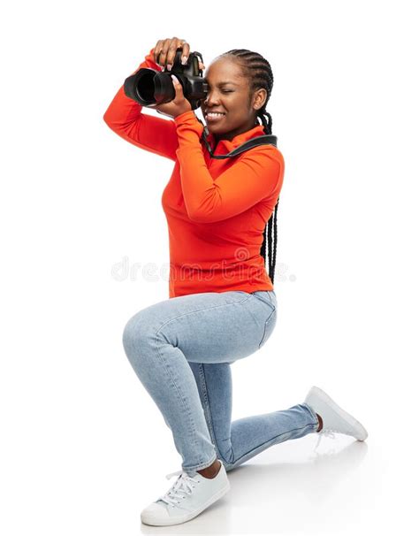 Happy Woman With Digital Camera Photographing Stock Image Image Of