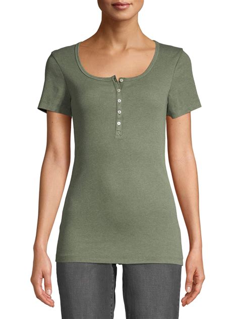 Time And Tru Women S Ribbed Henley T Shirt With Short Sleeves Walmart