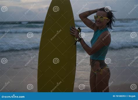 Beautiful Woman With Yellow Surfboard On The Beach Stock Image Image Of Sand Board