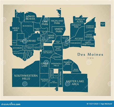 Modern City Map Des Moines Iowa City Of The Usa With Neighborhoods
