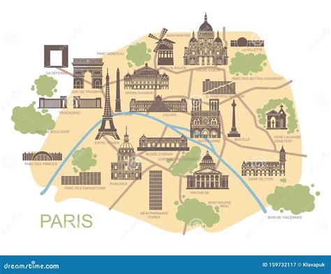 Mappa Stilizzata Di Parigi Con Le Principali Attrazioni Turistiche Illustrazione Vettoriale