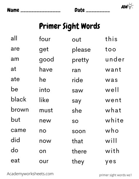 Primer Sight Words Dolce Academy Worksheets