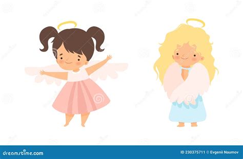 Cute Baby Angels With Nimbus And Wings Vector Set Stock Vector