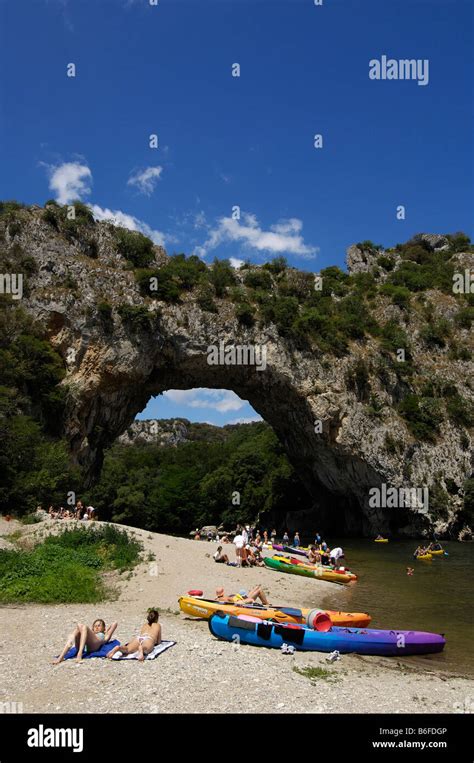 Kayaks Beached Beneath The Natural Rock Arch Vallon Pont Darc On The