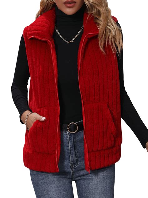 Zxzy Women Lapel Collar Full Zip Sleeveless Pockets Fleece Vest Coat